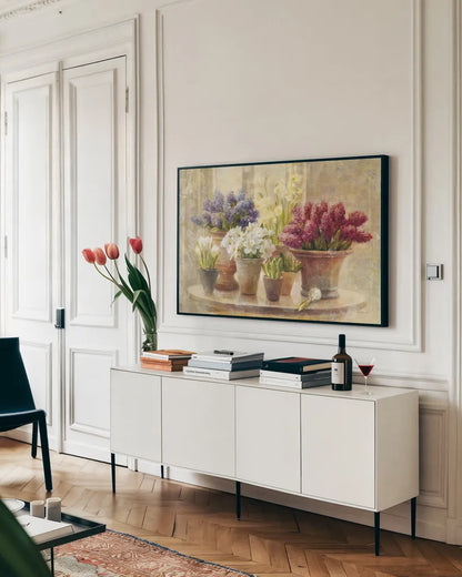 Spring Bulb Still Life by Danhui Nai. shown as a framed stretched canvas in a living room above a console. Available as a archival giclee rolled canvas, fine art paper, or poster print. SKU 5443i.