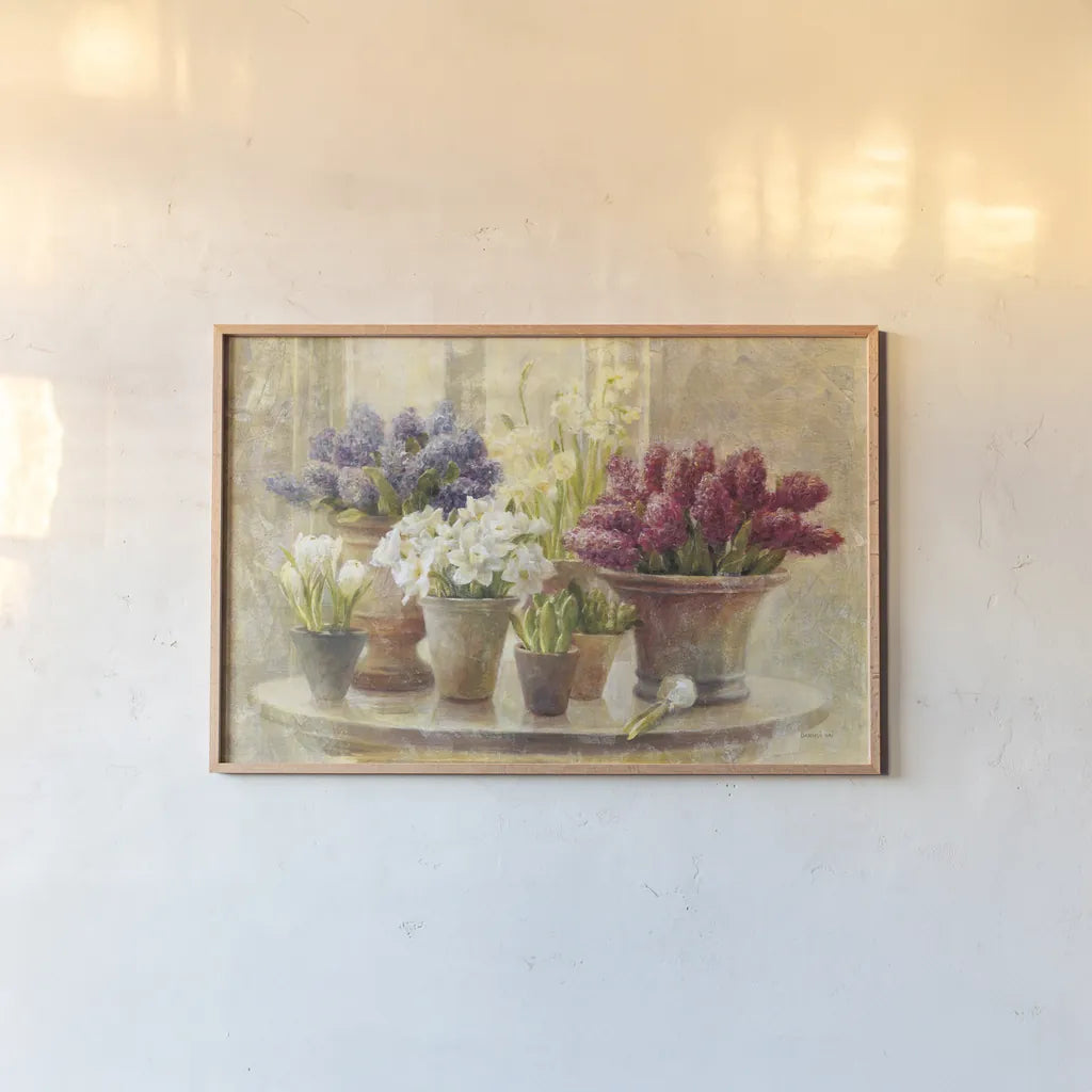Spring Bulb Still Life by Danhui Nai. shown as a paper print in a natural frame. Available as a archival giclee rolled canvas, fine art paper, or poster print. SKU 5443i.