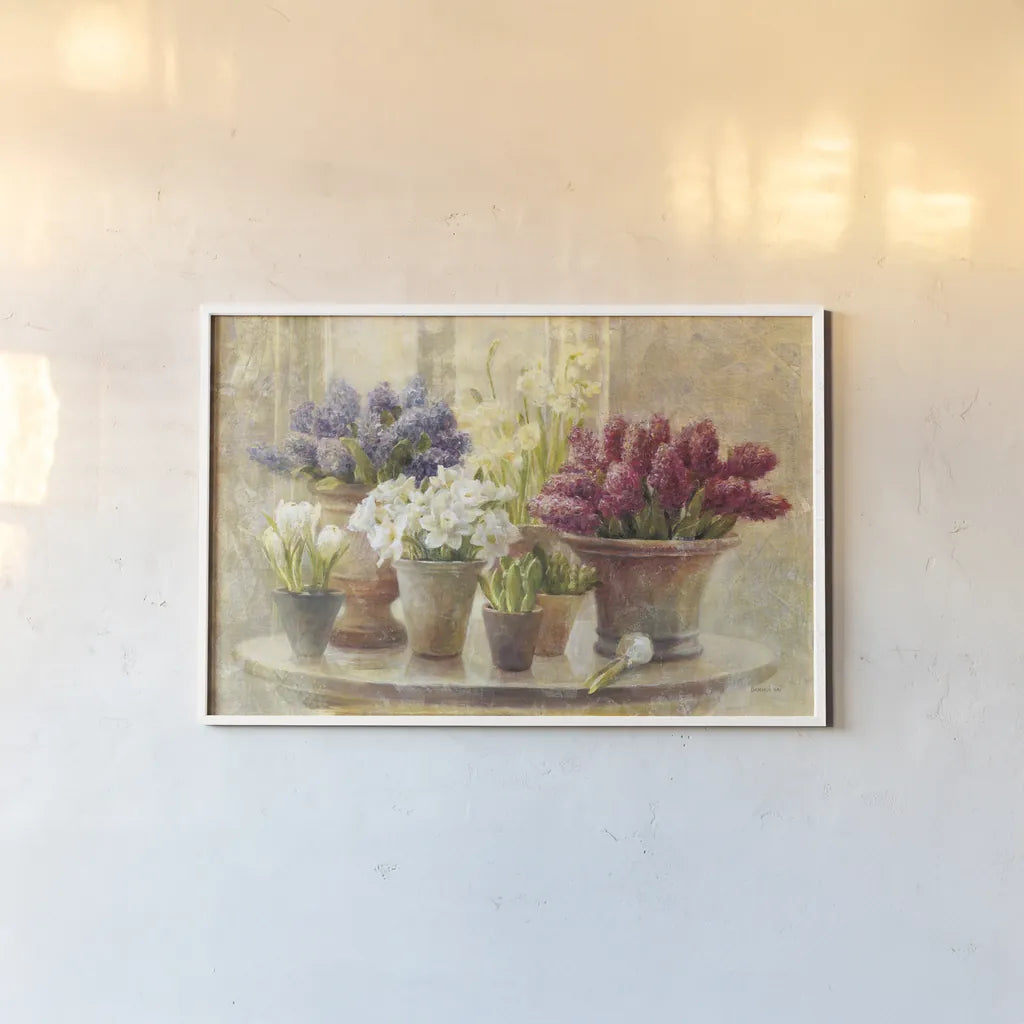 Spring Bulb Still Life by Danhui Nai. shown as a paper print in a white frame. Available as a archival giclee rolled canvas, fine art paper, or poster print. SKU 5443i.