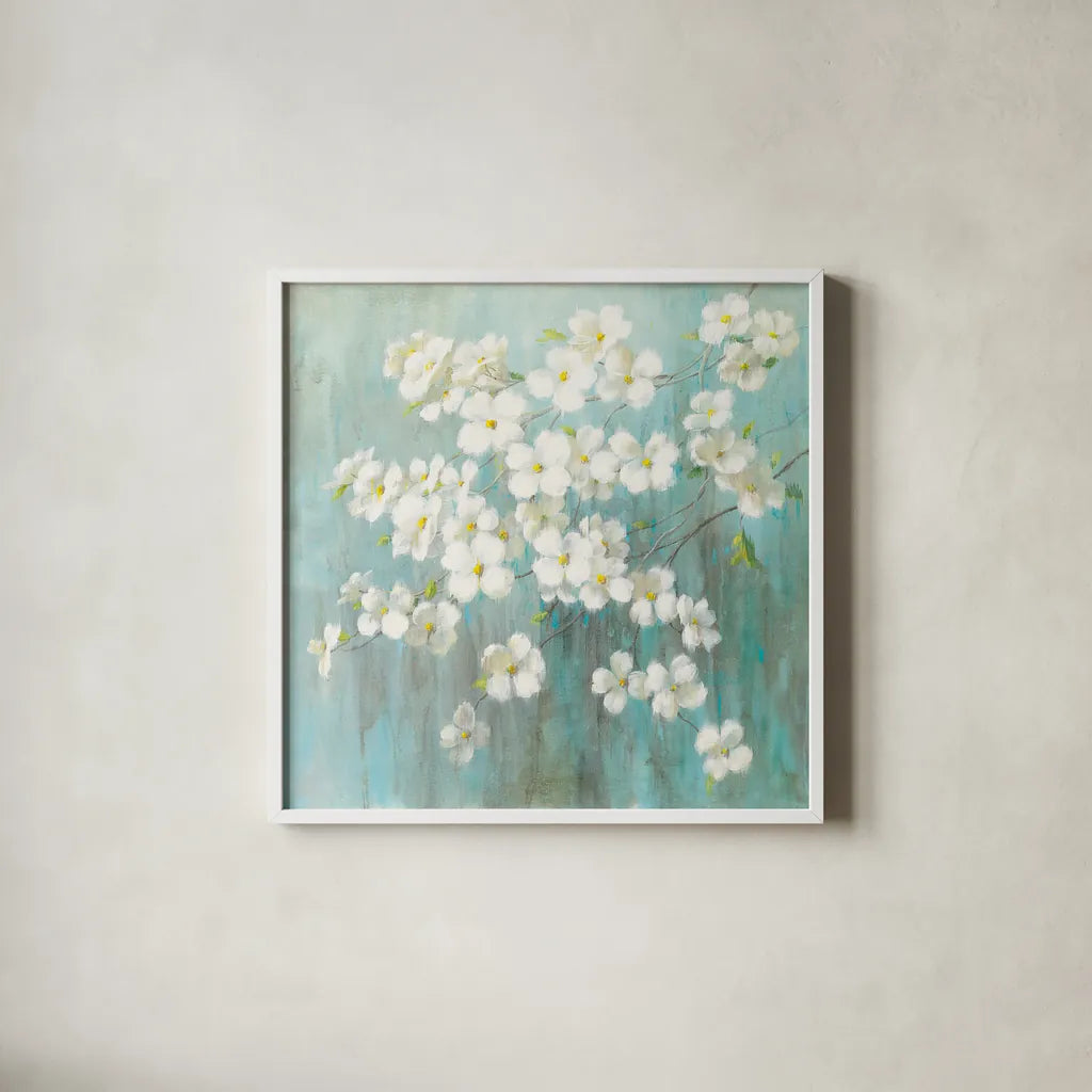 Spring Dream by Danhui Nai. Shown in a crisp white glass frame for a clean and minimalist style. Available as an archival giclee rolled canvas, fine art paper, or poster print. SKU 24863a.