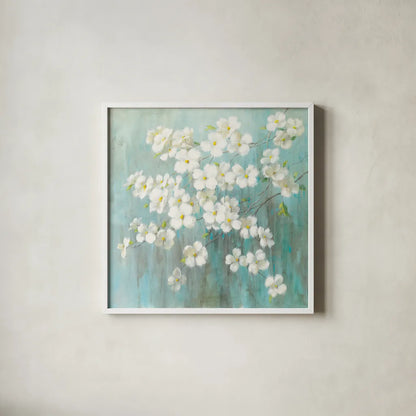 Spring Dream by Danhui Nai. Shown in a crisp white glass frame for a clean and minimalist style. Available as an archival giclee rolled canvas, fine art paper, or poster print. SKU 24863a.