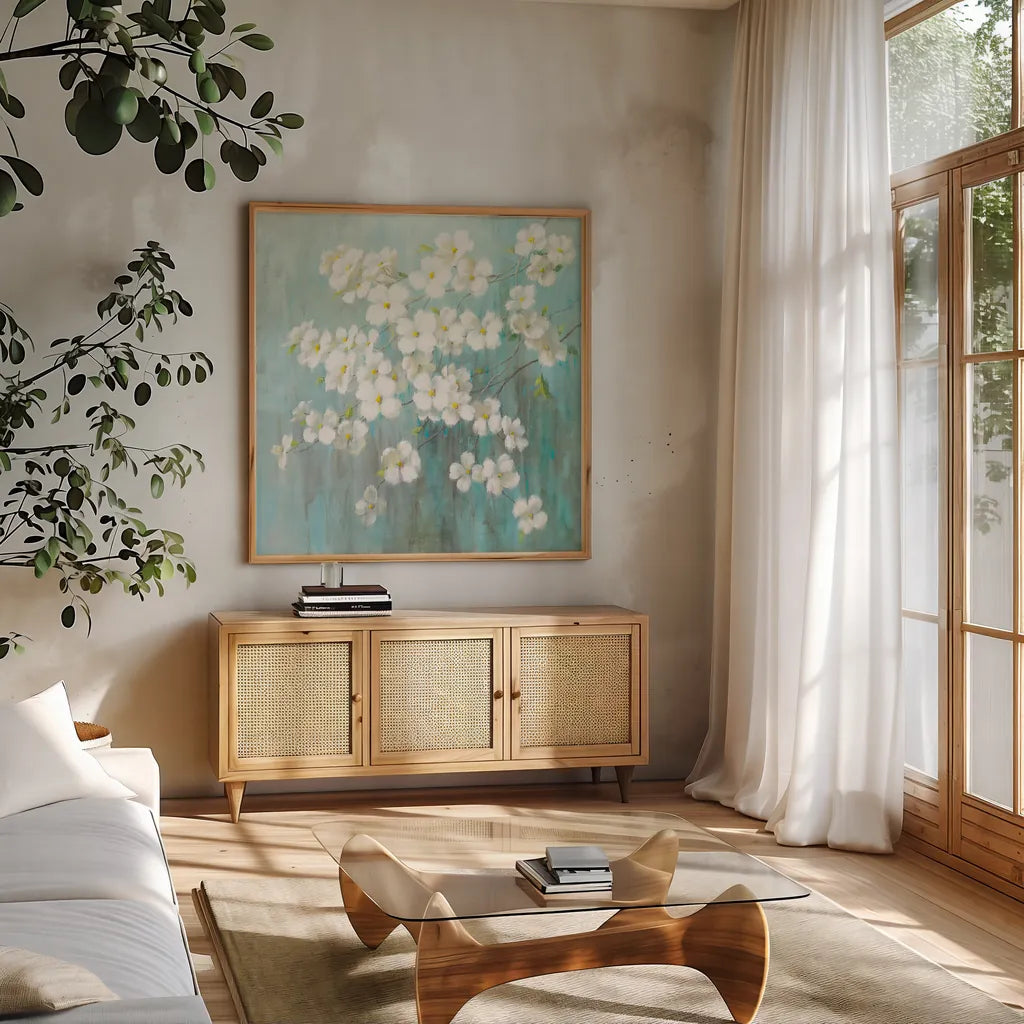 Spring Dream by Danhui Nai. Shown in a natural wood frame in a cozy modern living room. Available as an archival giclee rolled canvas, fine art paper, or poster print. SKU 24863a.