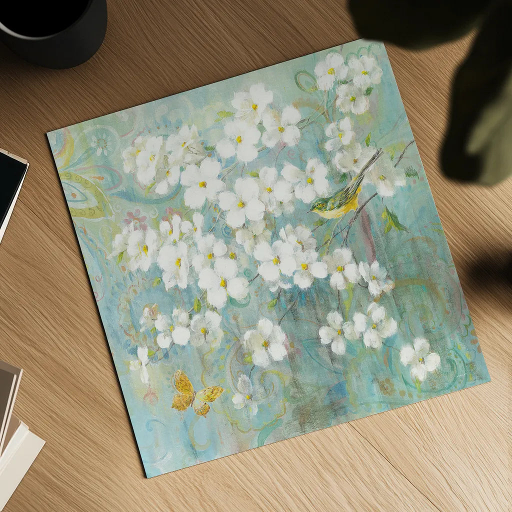 Spring Dream I Butterfly and Bird by Danhui Nai. Shown as a detailed flat fine art print, highlighting archival giclee quality. Available as an archival giclee rolled canvas, fine art paper, or poster print. SKU 24925a.