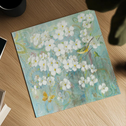 Spring Dream I Butterfly and Bird by Danhui Nai. Shown as a detailed flat fine art print, highlighting archival giclee quality. Available as an archival giclee rolled canvas, fine art paper, or poster print. SKU 24925a.