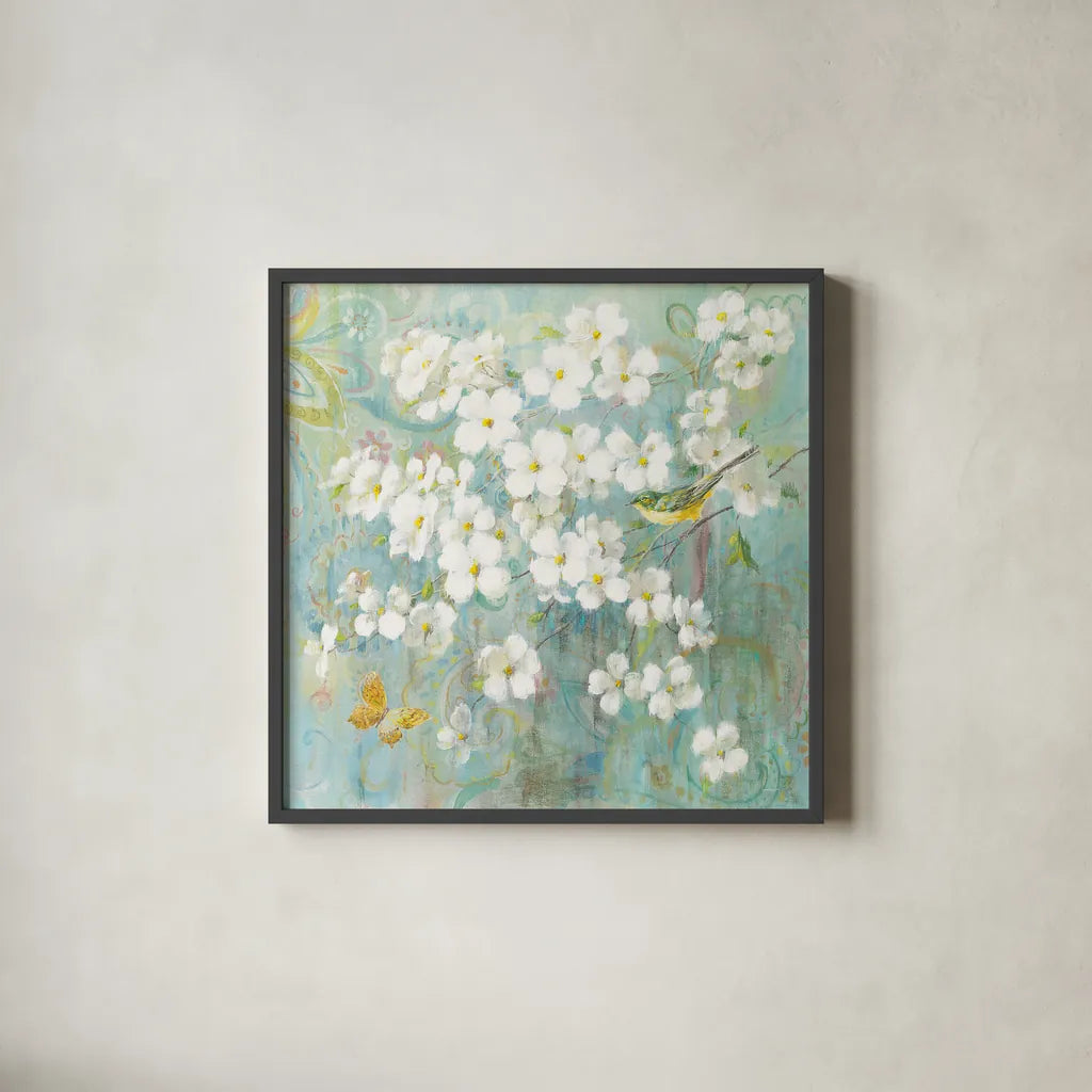 Spring Dream I Butterfly and Bird by Danhui Nai. Shown in a sleek black glass frame for a contemporary gallery look. Available as an archival giclee rolled canvas, fine art paper, or poster print. SKU 24925a.