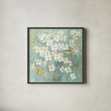 Spring Dream I Butterfly and Bird by Danhui Nai. Shown in a sleek black glass frame for a contemporary gallery look. Available as an archival giclee rolled canvas, fine art paper, or poster print. SKU 24925a.