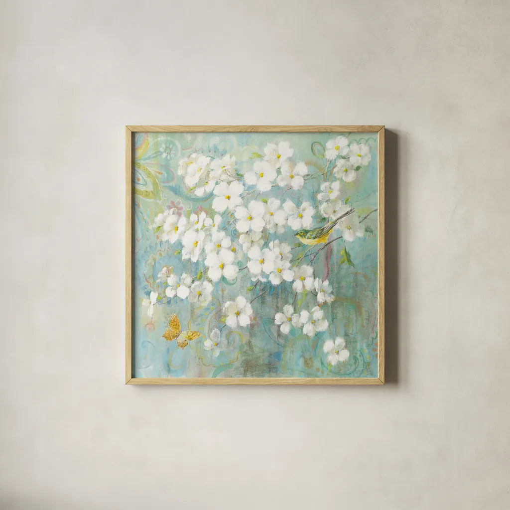 Spring Dream I Butterfly and Bird by Danhui Nai. Shown in a natural wood glass frame for a timeless modern aesthetic. Available as an archival giclee rolled canvas, fine art paper, or poster print. SKU 24925a.
