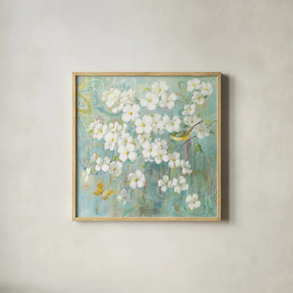 Spring Dream I Butterfly and Bird by Danhui Nai. Shown in a natural wood glass frame for a timeless modern aesthetic. Available as an archival giclee rolled canvas, fine art paper, or poster print. SKU 24925a.