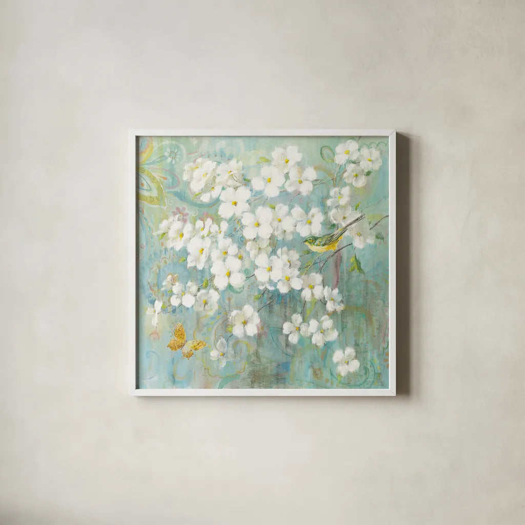 Spring Dream I Butterfly and Bird by Danhui Nai. Shown in a crisp white glass frame for a clean and minimalist style. Available as an archival giclee rolled canvas, fine art paper, or poster print. SKU 24925a.