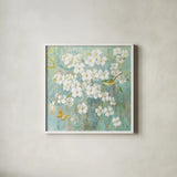Spring Dream I Butterfly and Bird by Danhui Nai. Shown in a crisp white glass frame for a clean and minimalist style. Available as an archival giclee rolled canvas, fine art paper, or poster print. SKU 24925a.