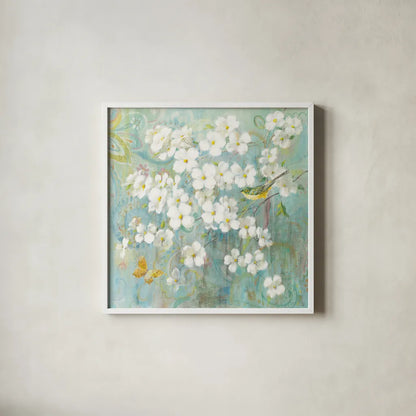 Spring Dream I Butterfly and Bird by Danhui Nai. Shown in a crisp white glass frame for a clean and minimalist style. Available as an archival giclee rolled canvas, fine art paper, or poster print. SKU 24925a.