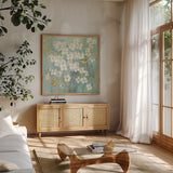 Spring Dream I Butterfly and Bird by Danhui Nai. Shown in a natural wood frame in a cozy modern living room. Available as an archival giclee rolled canvas, fine art paper, or poster print. SKU 24925a.