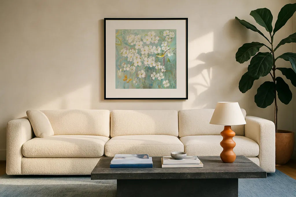 Spring Dream I Butterfly and Bird by Danhui Nai. Displayed in a glass frame with matte in a clean modern living room. Available as an archival giclee rolled canvas, fine art paper, or poster print. SKU 24925a.