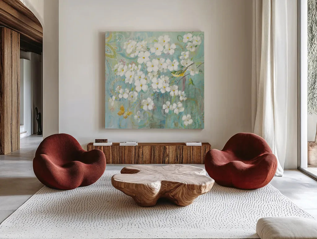 Spring Dream I Butterfly and Bird by Danhui Nai. Shown as extra-large giant wall art in a modern living room. Available as an archival giclee rolled canvas, fine art paper, or poster print. SKU 24925a.