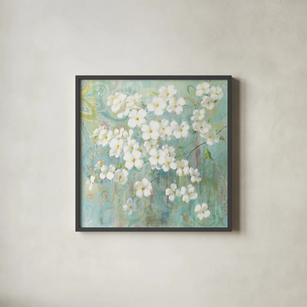 Spring Dream I Paisley by Danhui Nai. Shown in a sleek black glass frame for a contemporary gallery look. Available as an archival giclee rolled canvas, fine art paper, or poster print. SKU 24931a.