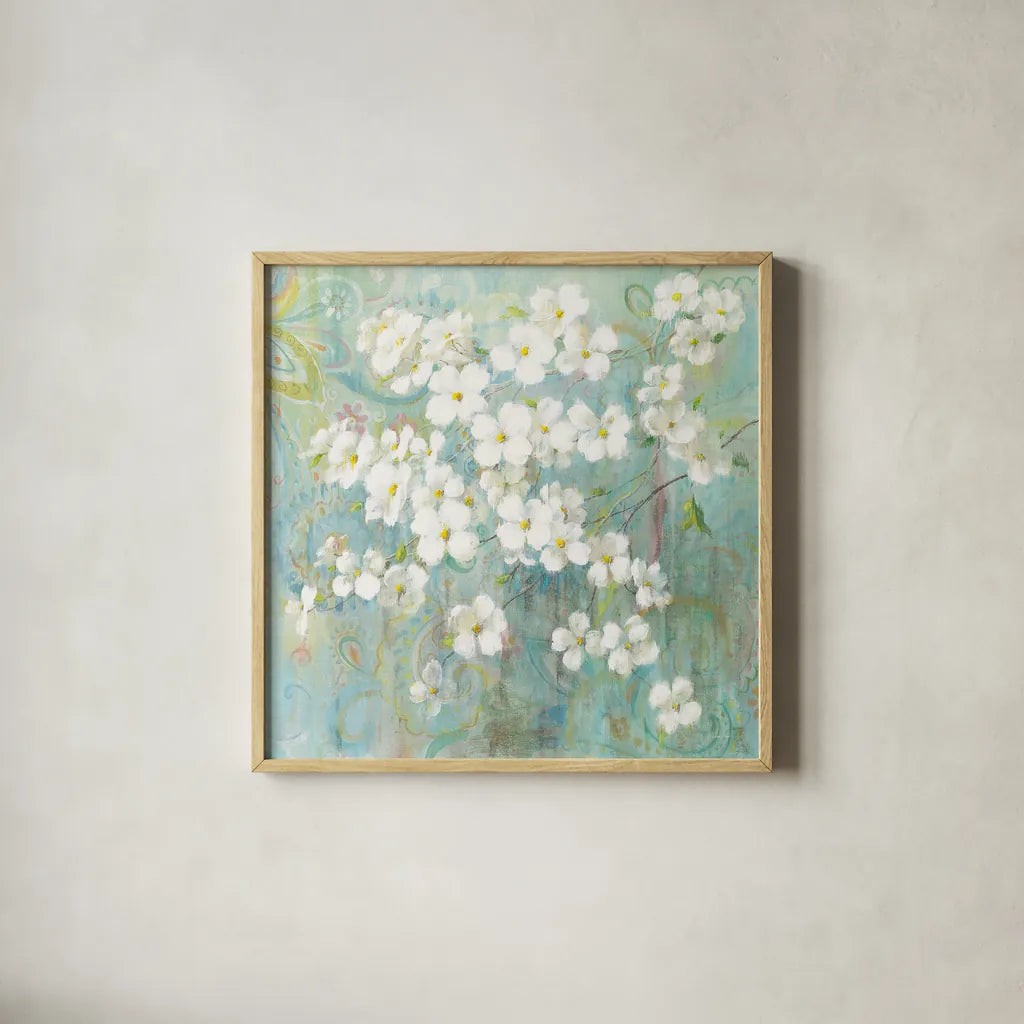 Spring Dream I Paisley by Danhui Nai. Shown in a natural wood glass frame for a timeless modern aesthetic. Available as an archival giclee rolled canvas, fine art paper, or poster print. SKU 24931a.
