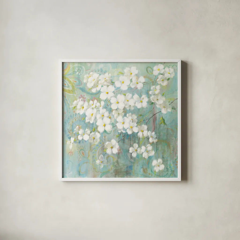 Spring Dream I Paisley by Danhui Nai. Shown in a crisp white glass frame for a clean and minimalist style. Available as an archival giclee rolled canvas, fine art paper, or poster print. SKU 24931a.