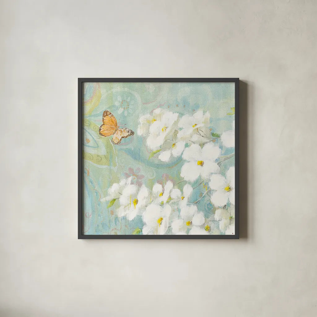 Spring Dream III by Danhui Nai. Shown in a sleek black glass frame for a contemporary gallery look. Available as an archival giclee rolled canvas, fine art paper, or poster print. SKU 24927a.