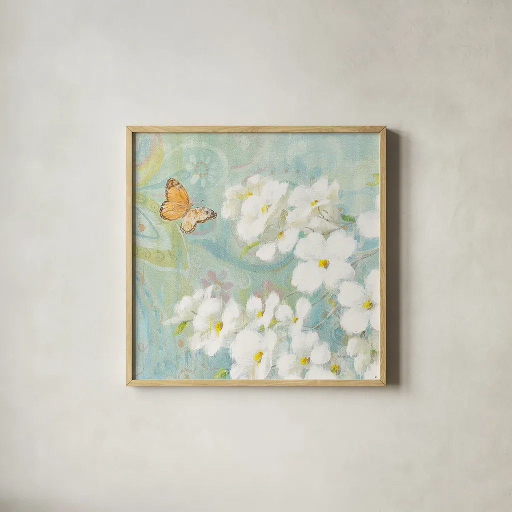 Spring Dream III by Danhui Nai. Shown in a natural wood glass frame for a timeless modern aesthetic. Available as an archival giclee rolled canvas, fine art paper, or poster print. SKU 24927a.