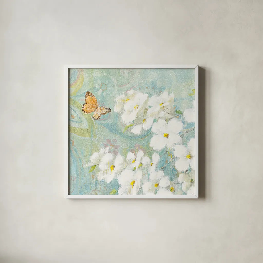 Spring Dream III by Danhui Nai. Shown in a crisp white glass frame for a clean and minimalist style. Available as an archival giclee rolled canvas, fine art paper, or poster print. SKU 24927a.