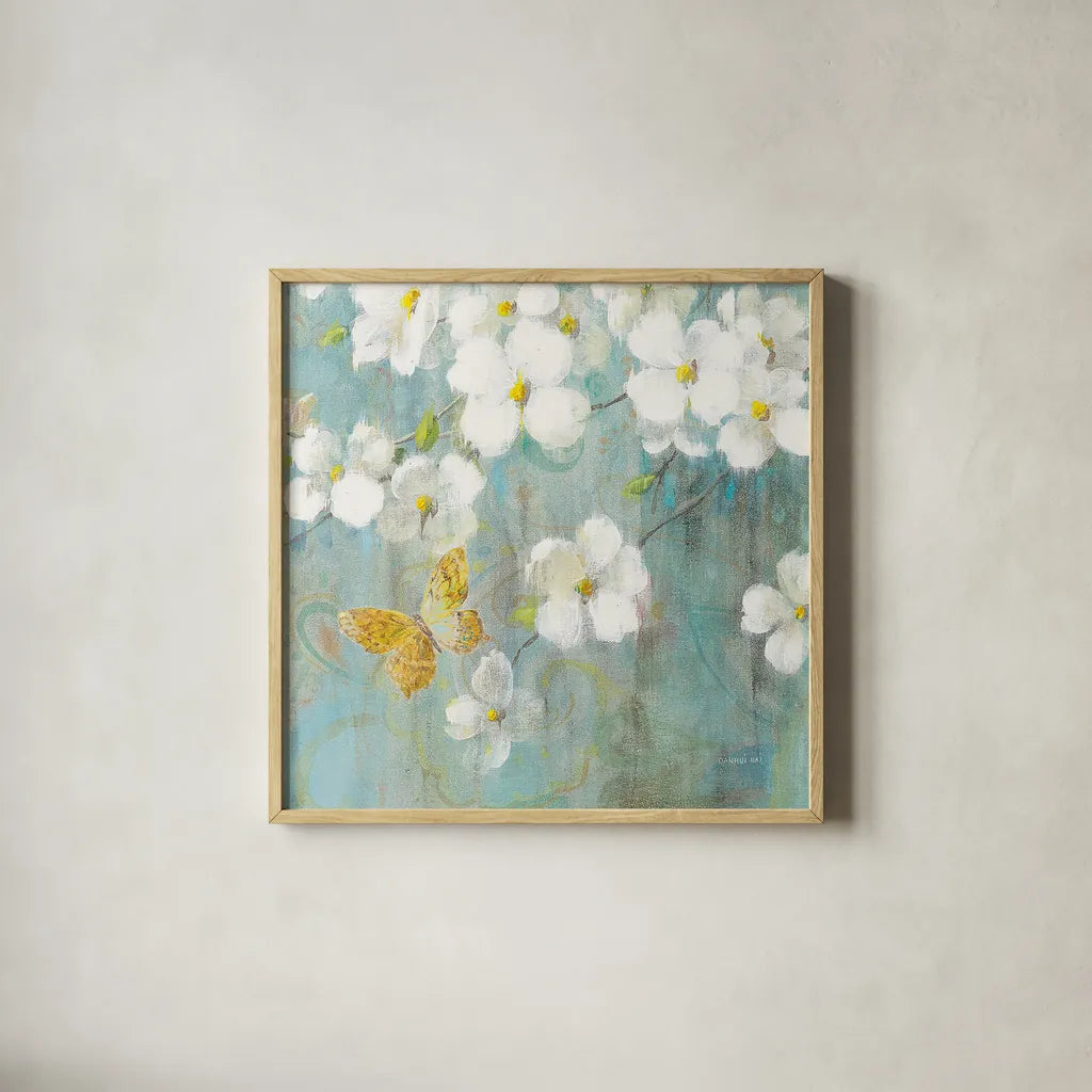 Spring Dream IV by Danhui Nai. Shown in a natural wood glass frame for a timeless modern aesthetic. Available as an archival giclee rolled canvas, fine art paper, or poster print. SKU 24928a.
