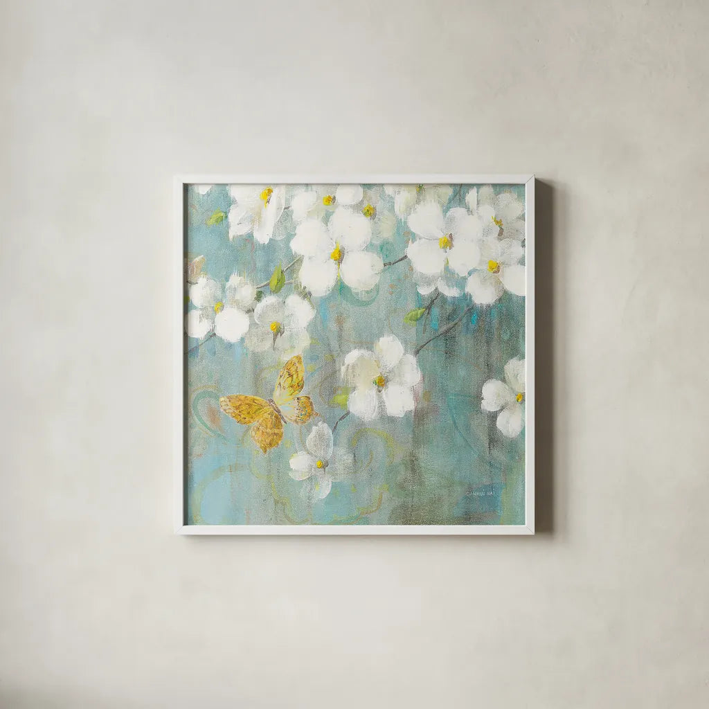 Spring Dream IV by Danhui Nai. Shown in a crisp white glass frame for a clean and minimalist style. Available as an archival giclee rolled canvas, fine art paper, or poster print. SKU 24928a.