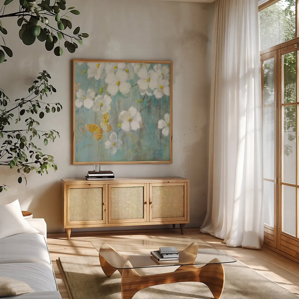 Spring Dream IV by Danhui Nai. Shown in a natural wood frame in a cozy modern living room. Available as an archival giclee rolled canvas, fine art paper, or poster print. SKU 24928a.