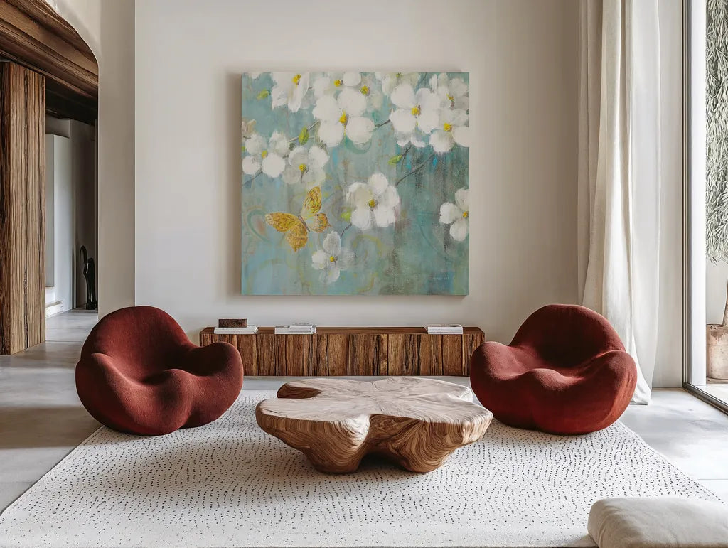 Spring Dream IV by Danhui Nai. Shown as extra-large giant wall art in a modern living room. Available as an archival giclee rolled canvas, fine art paper, or poster print. SKU 24928a.