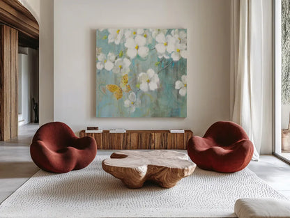 Spring Dream IV by Danhui Nai. Shown as extra-large giant wall art in a modern living room. Available as an archival giclee rolled canvas, fine art paper, or poster print. SKU 24928a.