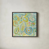 Spring Dream Paisley II by Danhui Nai. Shown in a sleek black glass frame for a contemporary gallery look. Available as an archival giclee rolled canvas, fine art paper, or poster print. SKU 24933a.