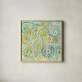 Spring Dream Paisley II by Danhui Nai. Shown in a natural wood glass frame for a timeless modern aesthetic. Available as an archival giclee rolled canvas, fine art paper, or poster print. SKU 24933a.