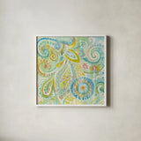 Spring Dream Paisley II by Danhui Nai. Shown in a crisp white glass frame for a clean and minimalist style. Available as an archival giclee rolled canvas, fine art paper, or poster print. SKU 24933a.
