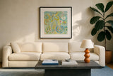 Spring Dream Paisley II by Danhui Nai. Displayed in a glass frame with matte in a clean modern living room. Available as an archival giclee rolled canvas, fine art paper, or poster print. SKU 24933a.