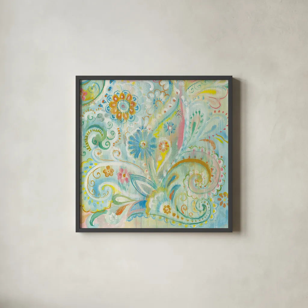 Spring Dream Paisley III by Danhui Nai. Shown in a sleek black glass frame for a contemporary gallery look. Available as an archival giclee rolled canvas, fine art paper, or poster print. SKU 24934a.