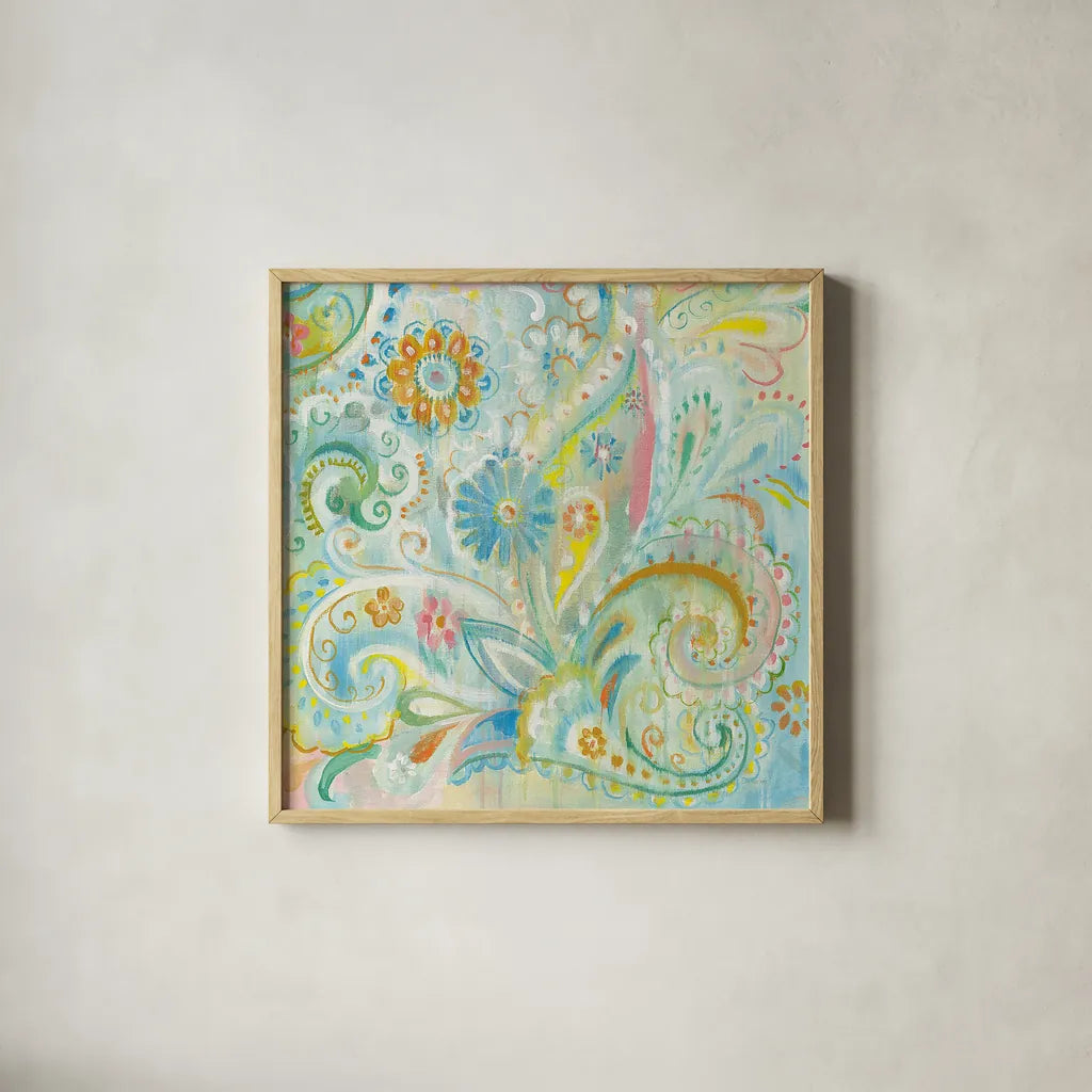 Spring Dream Paisley III by Danhui Nai. Shown in a natural wood glass frame for a timeless modern aesthetic. Available as an archival giclee rolled canvas, fine art paper, or poster print. SKU 24934a.