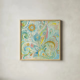 Spring Dream Paisley III by Danhui Nai. Shown in a natural wood glass frame for a timeless modern aesthetic. Available as an archival giclee rolled canvas, fine art paper, or poster print. SKU 24934a.