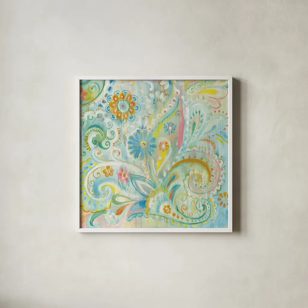 Spring Dream Paisley III by Danhui Nai. Shown in a crisp white glass frame for a clean and minimalist style. Available as an archival giclee rolled canvas, fine art paper, or poster print. SKU 24934a.