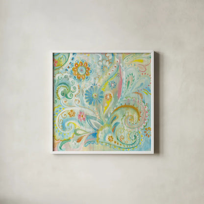 Spring Dream Paisley III by Danhui Nai. Shown in a crisp white glass frame for a clean and minimalist style. Available as an archival giclee rolled canvas, fine art paper, or poster print. SKU 24934a.