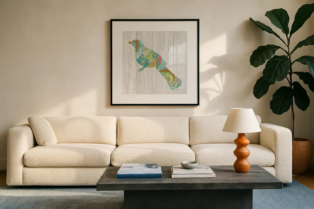 Spring Dream Paisley XI by Danhui Nai. Displayed in a glass frame with matte in a clean modern living room. Available as an archival giclee rolled canvas, fine art paper, or poster print. SKU 24942a.