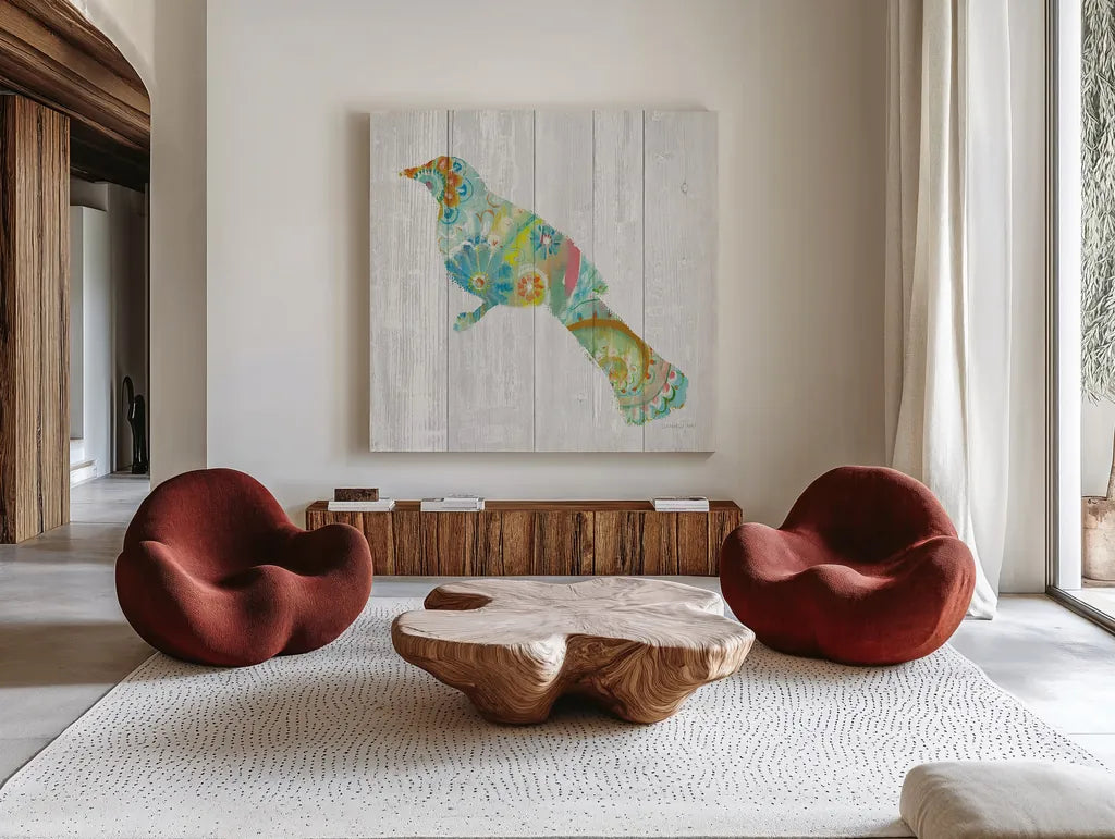 Spring Dream Paisley XI by Danhui Nai. Shown as extra-large giant wall art in a modern living room. Available as an archival giclee rolled canvas, fine art paper, or poster print. SKU 24942a.