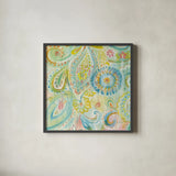 Spring Dream Paisley XII by Danhui Nai. Shown in a sleek black glass frame for a contemporary gallery look. Available as an archival giclee rolled canvas, fine art paper, or poster print. SKU 27810a.