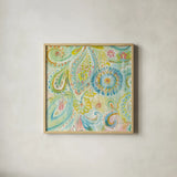 Spring Dream Paisley XII by Danhui Nai. Shown in a natural wood glass frame for a timeless modern aesthetic. Available as an archival giclee rolled canvas, fine art paper, or poster print. SKU 27810a.