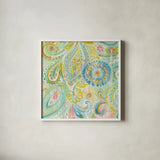 Spring Dream Paisley XII by Danhui Nai. Shown in a crisp white glass frame for a clean and minimalist style. Available as an archival giclee rolled canvas, fine art paper, or poster print. SKU 27810a.