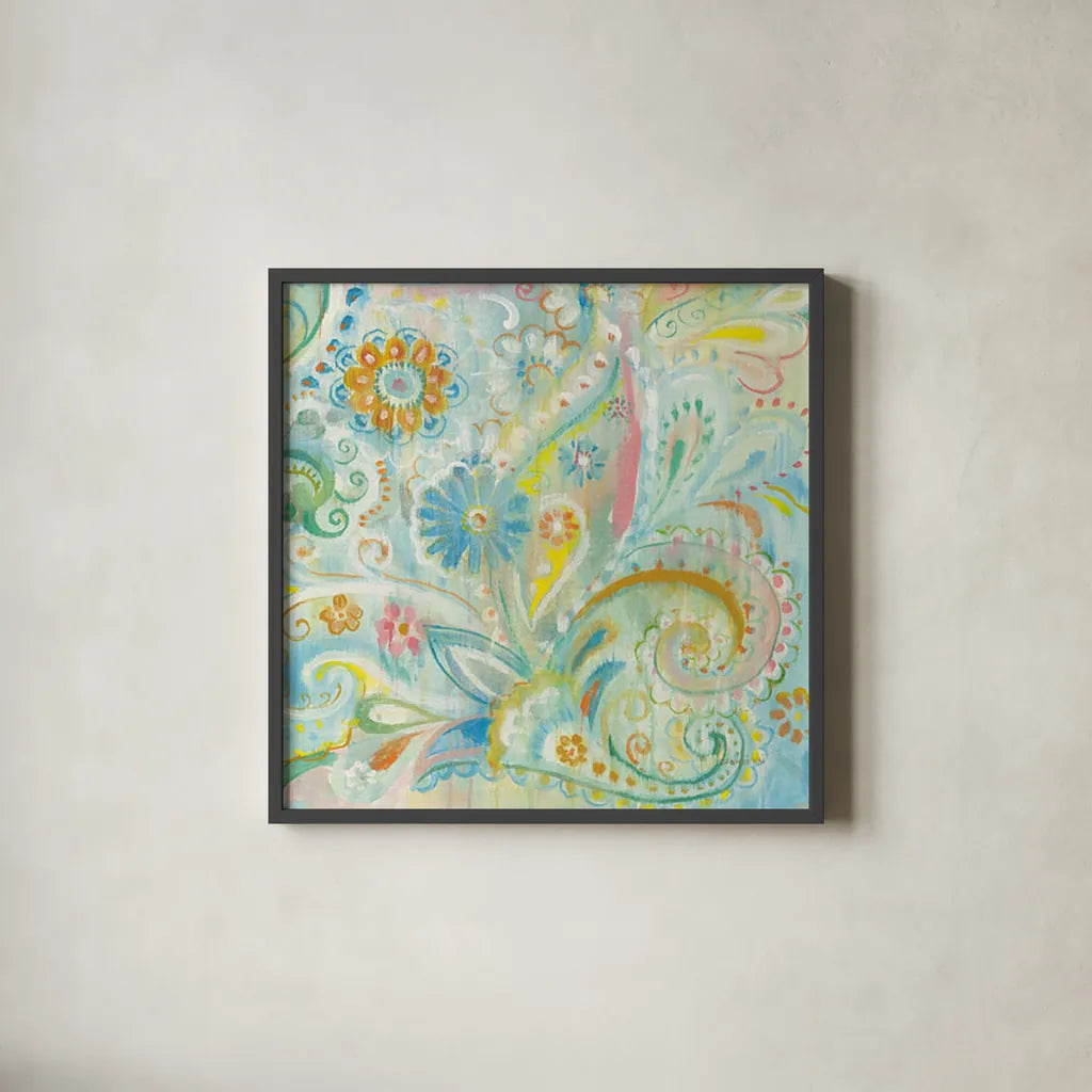 Spring Dream Paisley XIII by Danhui Nai. Shown in a sleek black glass frame for a contemporary gallery look. Available as an archival giclee rolled canvas, fine art paper, or poster print. SKU 27811a.
