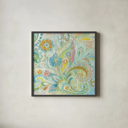 Spring Dream Paisley XIII by Danhui Nai. Shown in a sleek black glass frame for a contemporary gallery look. Available as an archival giclee rolled canvas, fine art paper, or poster print. SKU 27811a.