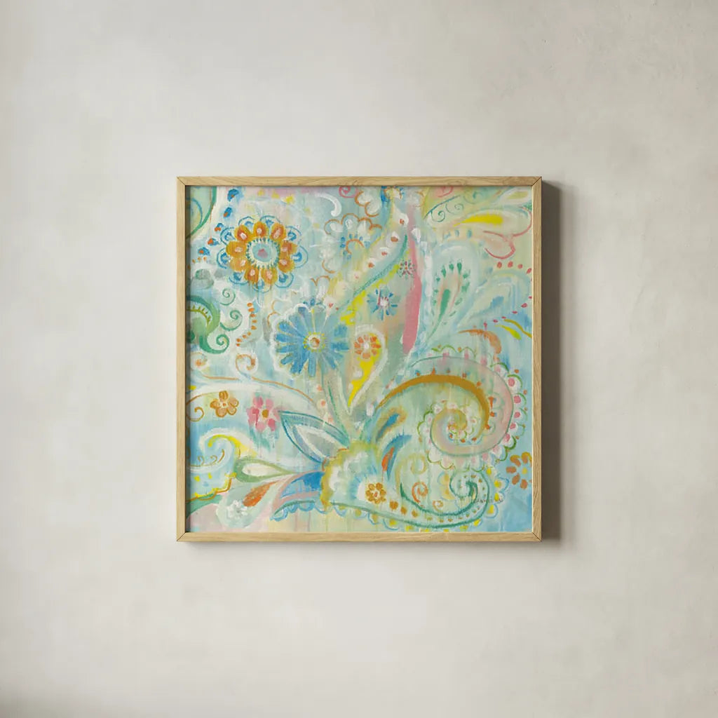 Spring Dream Paisley XIII by Danhui Nai. Shown in a natural wood glass frame for a timeless modern aesthetic. Available as an archival giclee rolled canvas, fine art paper, or poster print. SKU 27811a.
