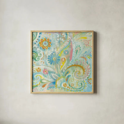 Spring Dream Paisley XIII by Danhui Nai. Shown in a natural wood glass frame for a timeless modern aesthetic. Available as an archival giclee rolled canvas, fine art paper, or poster print. SKU 27811a.
