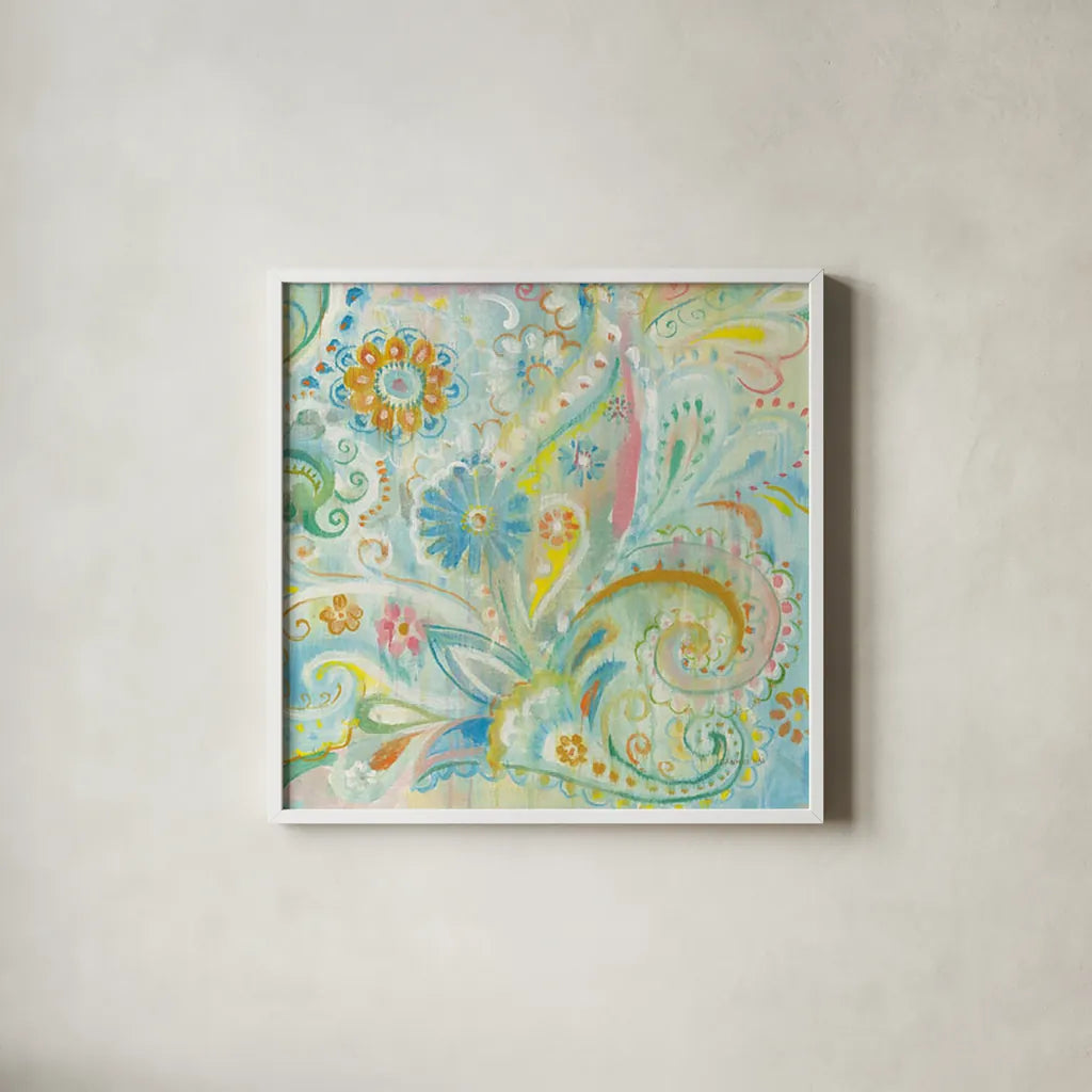 Spring Dream Paisley XIII by Danhui Nai. Shown in a crisp white glass frame for a clean and minimalist style. Available as an archival giclee rolled canvas, fine art paper, or poster print. SKU 27811a.