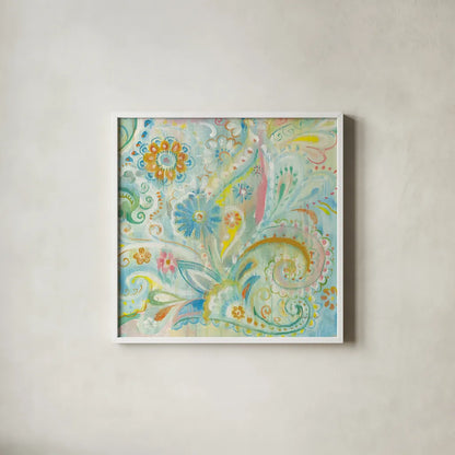 Spring Dream Paisley XIII by Danhui Nai. Shown in a crisp white glass frame for a clean and minimalist style. Available as an archival giclee rolled canvas, fine art paper, or poster print. SKU 27811a.