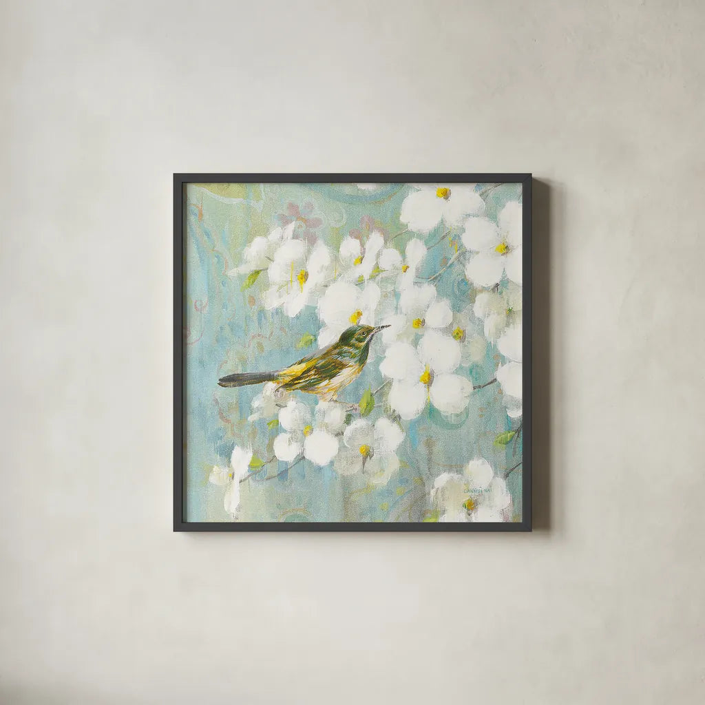 Spring Dream V by Danhui Nai. Shown in a sleek black glass frame for a contemporary gallery look. Available as an archival giclee rolled canvas, fine art paper, or poster print. SKU 24929a.